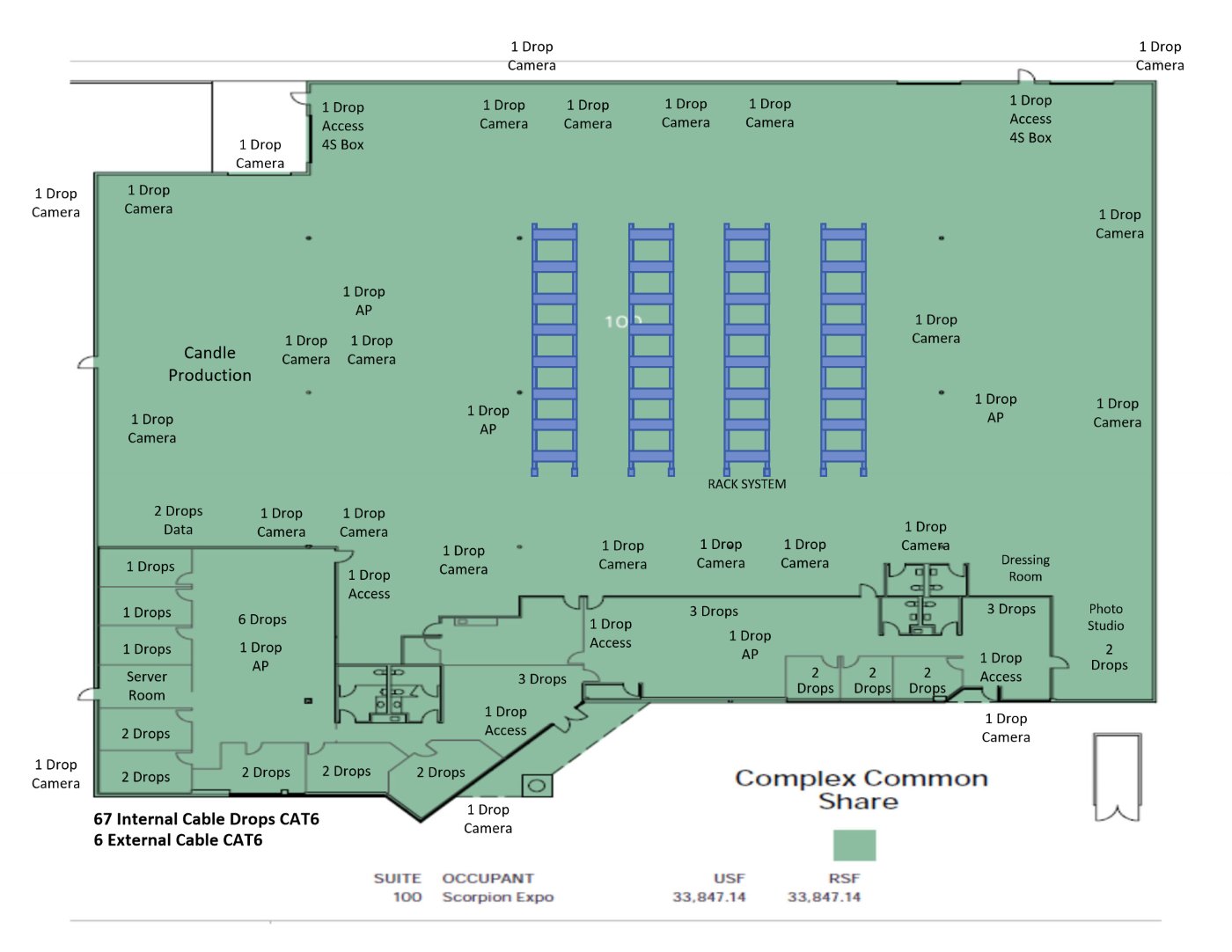 Structured cabling plan for a 34,000 sq ft facility — 67 CAT6 drops