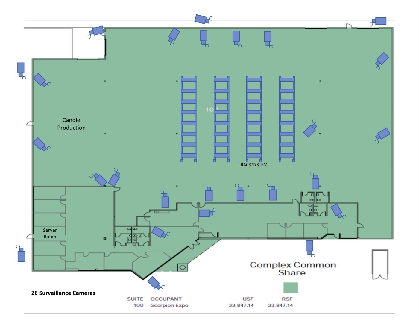 Camera placement plan for a 34,000 sq ft facility — 26 cameras