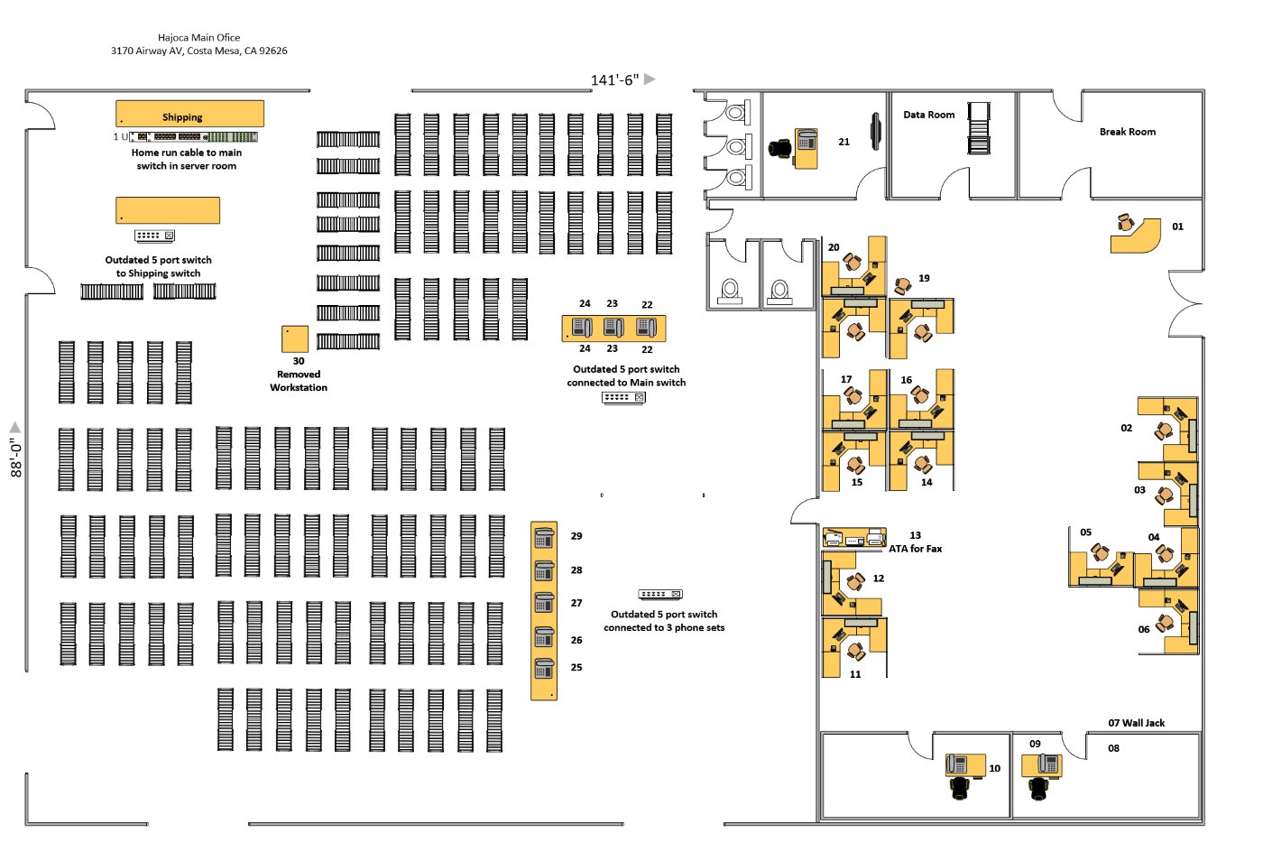 Workstation and network layout for a 30-seat office