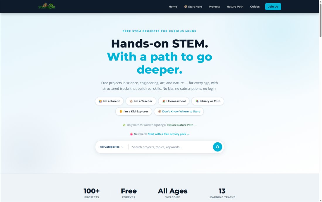 Screenshot of the STEMigoo homepage, a free STEM education platform built and funded by OSSUM IT